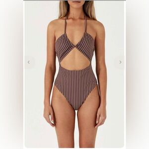 Zulu and Zephyr Striped Brown Halter Swimsuit. Never worn.